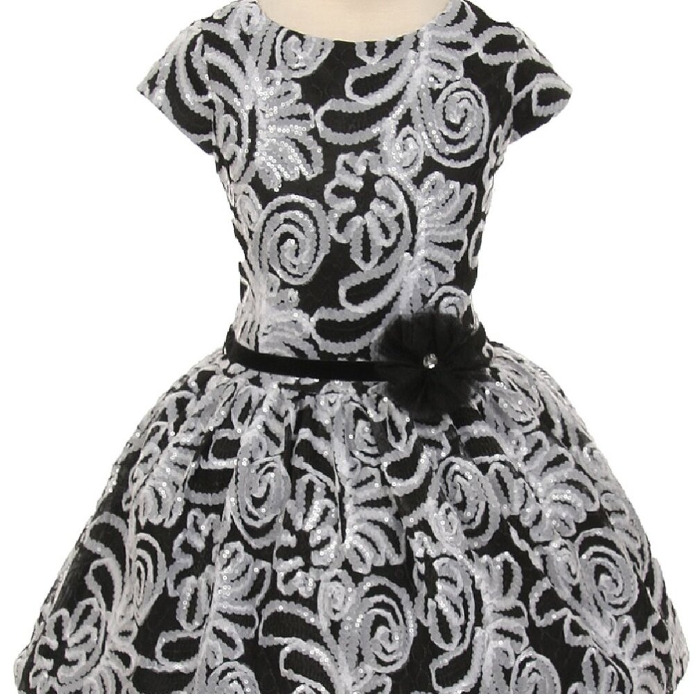 New Big Girls Short Sleeve Sequin Embroidered Flowers Girls Dresses Black 14 - Picture 4 of 7